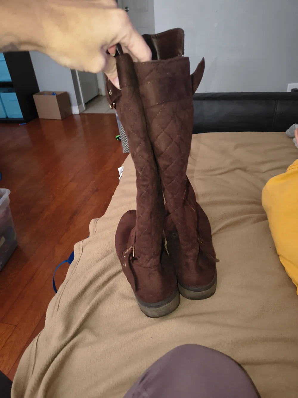 Women's Brown Quilted Suede Knee-High Boots with Gold Zip Accent